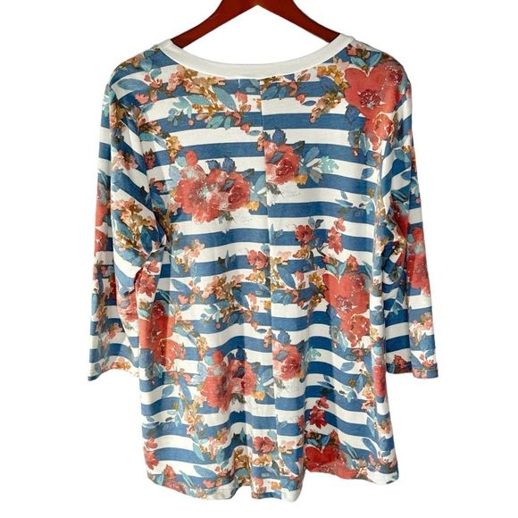 Moa Moa Plus Size 2X Blue & White Striped Floral Relaxed Fit Top Twist Hem EUC - Picture 2 of 12